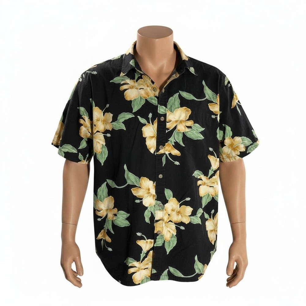 Cooke Street Hawaiian Aloha Shirt 2XL Hibiscus Floral Black Yellow Cotton